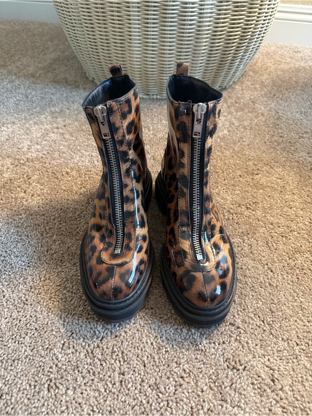 SCHUTZ Leopard Print Front-Zip Combat Boots - Brown Black